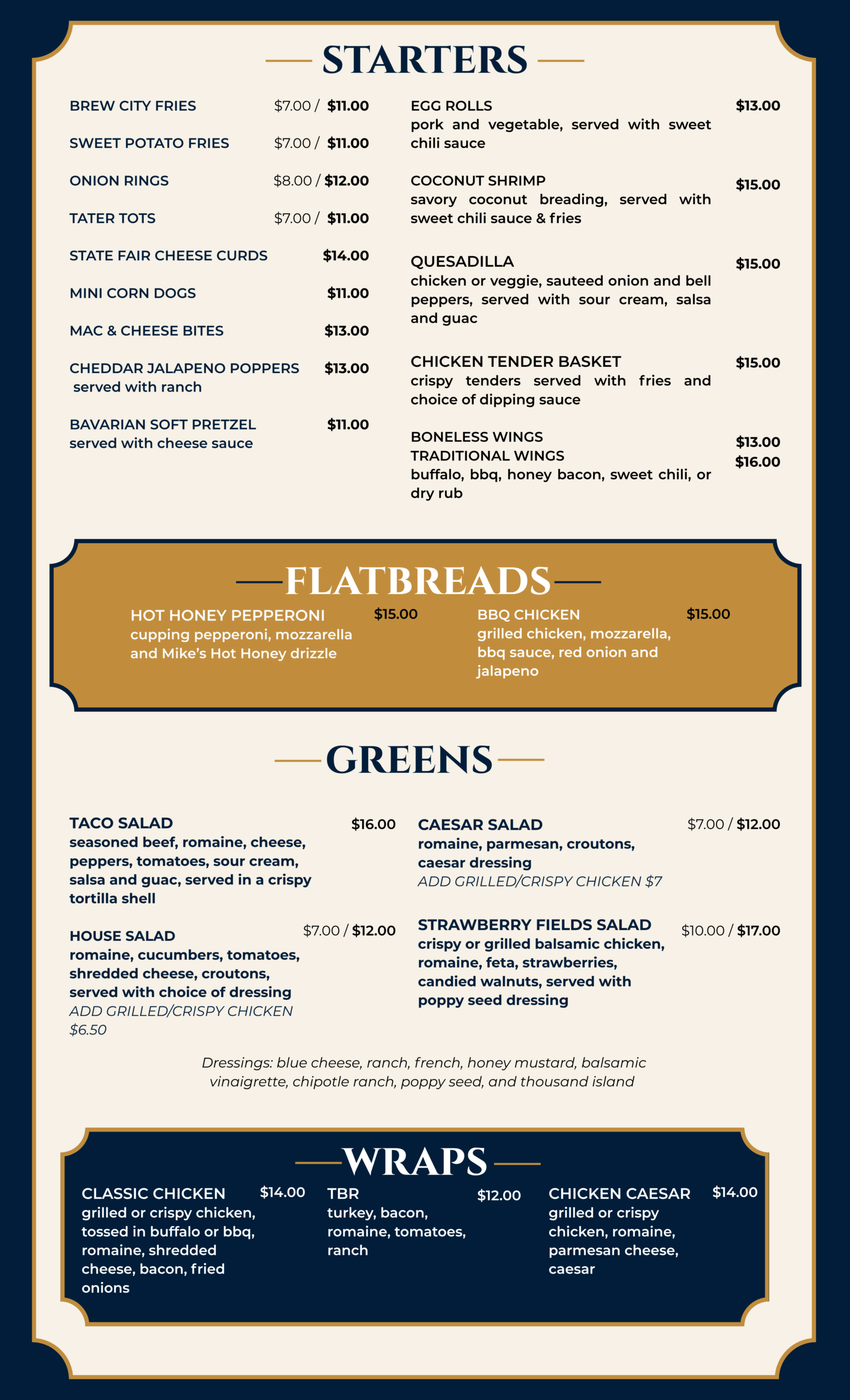Arde’s Bar & Grill menu page featuring starters, flatbreads, greens, and wraps