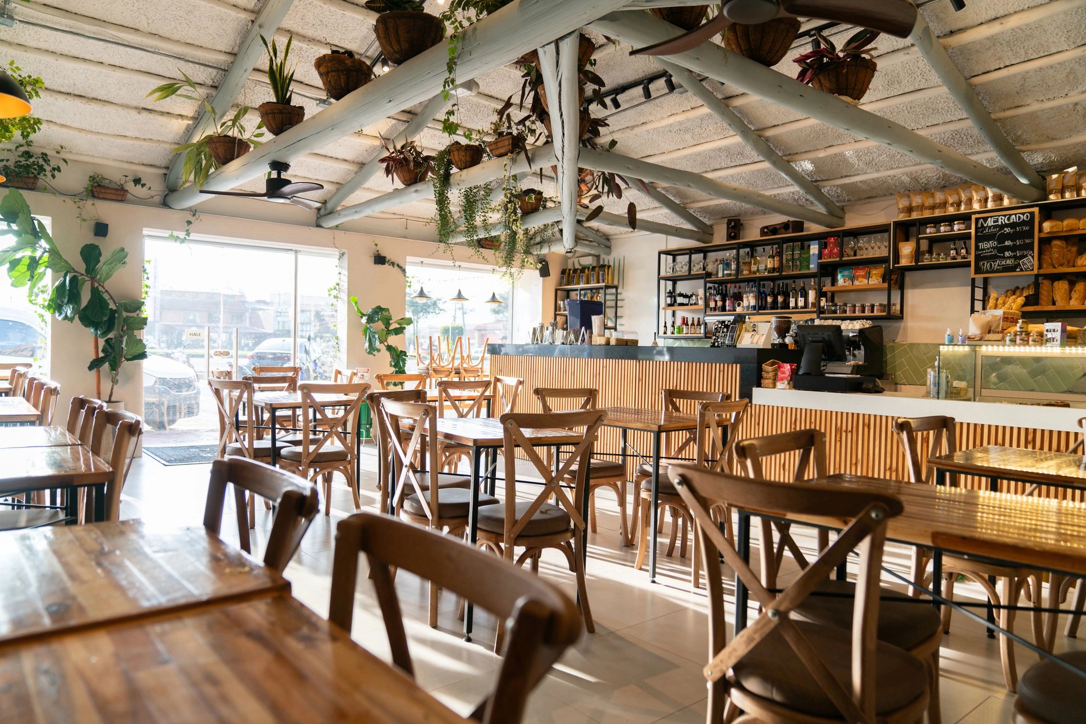 Restaurant event space with tables ready for guests