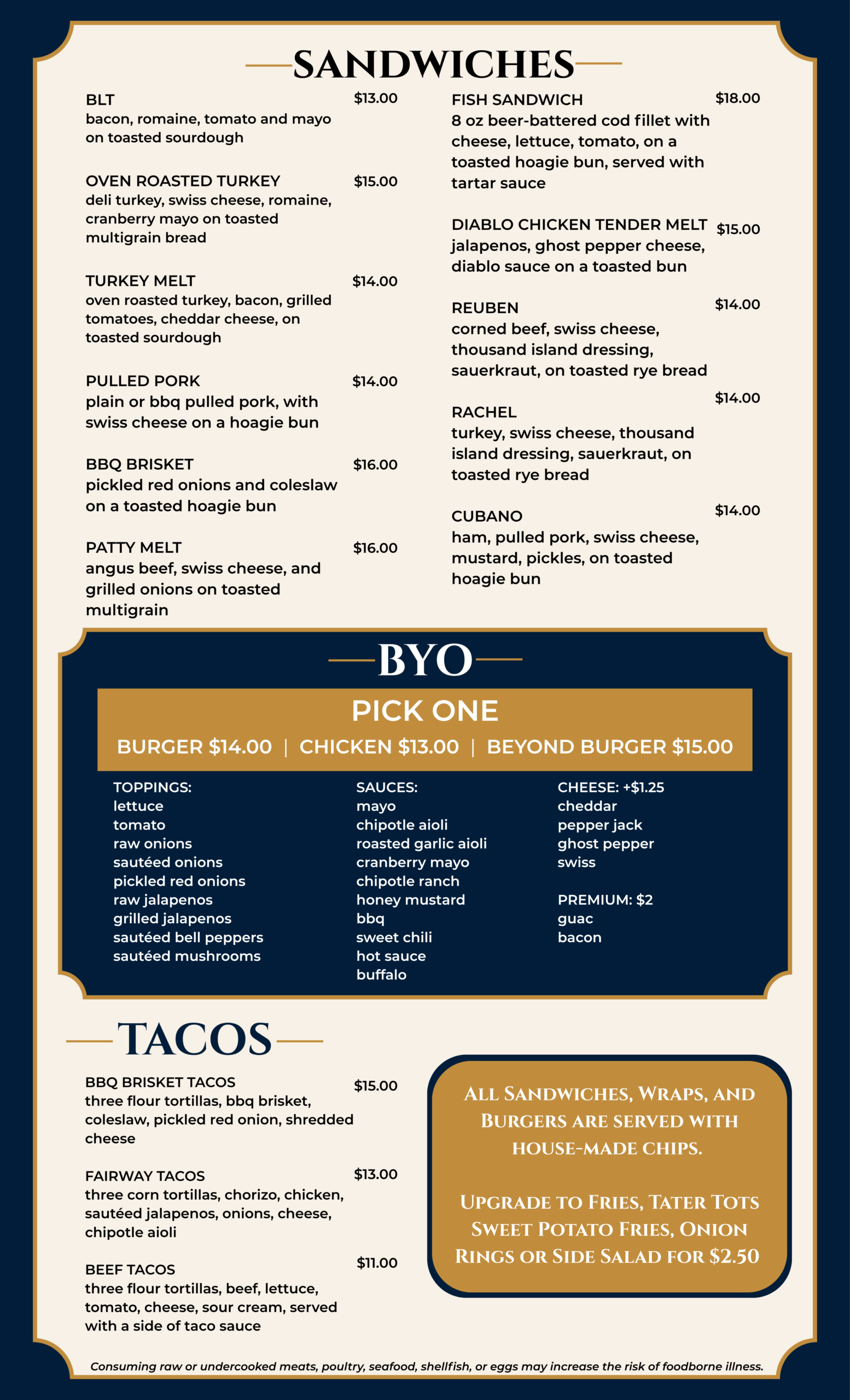 Arde’s Bar & Grill menu page featuring sandwiches, build-your-own options, and tacos